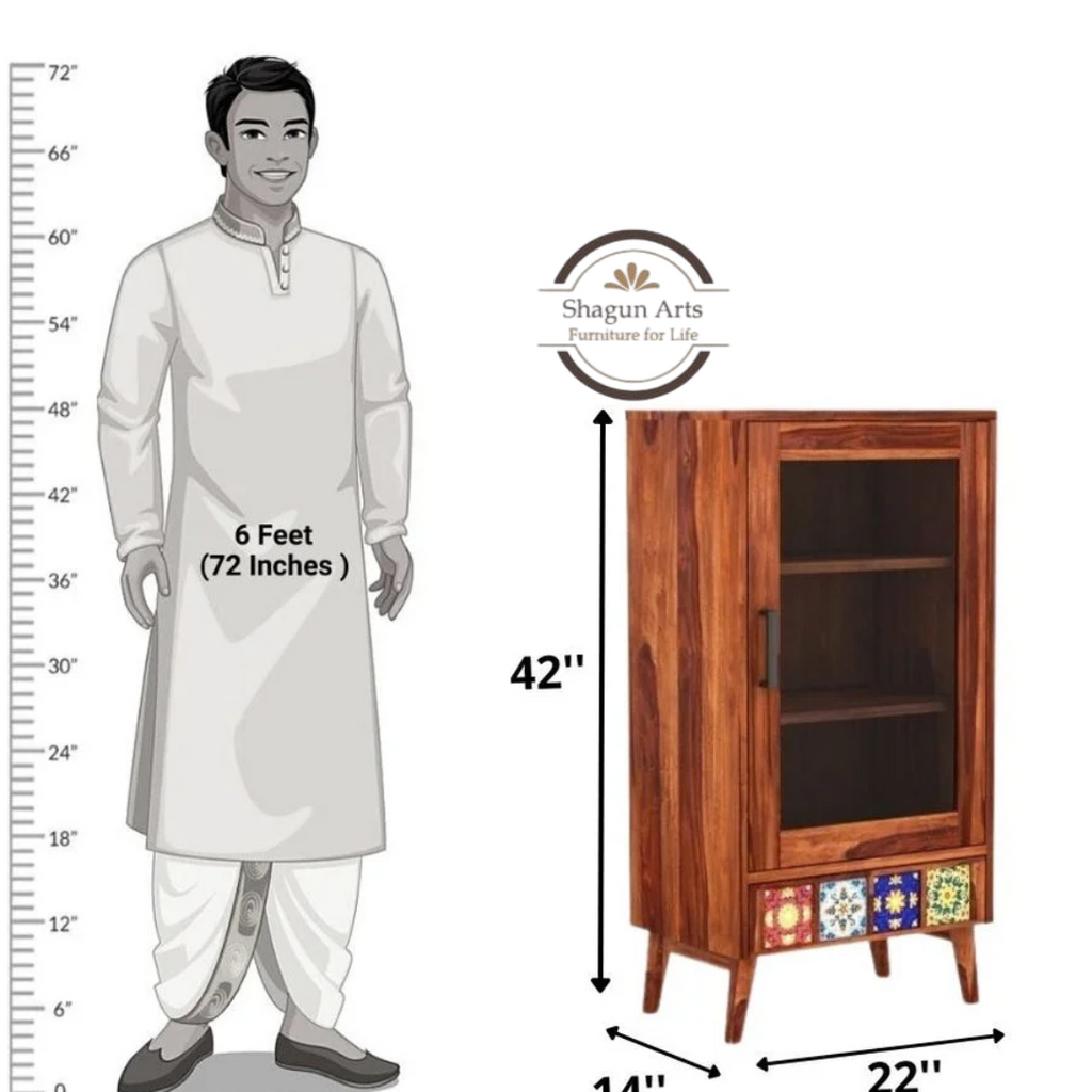 Ansel Solid Sheesham Wood Display Cabinet with Solidd Decorative Tile