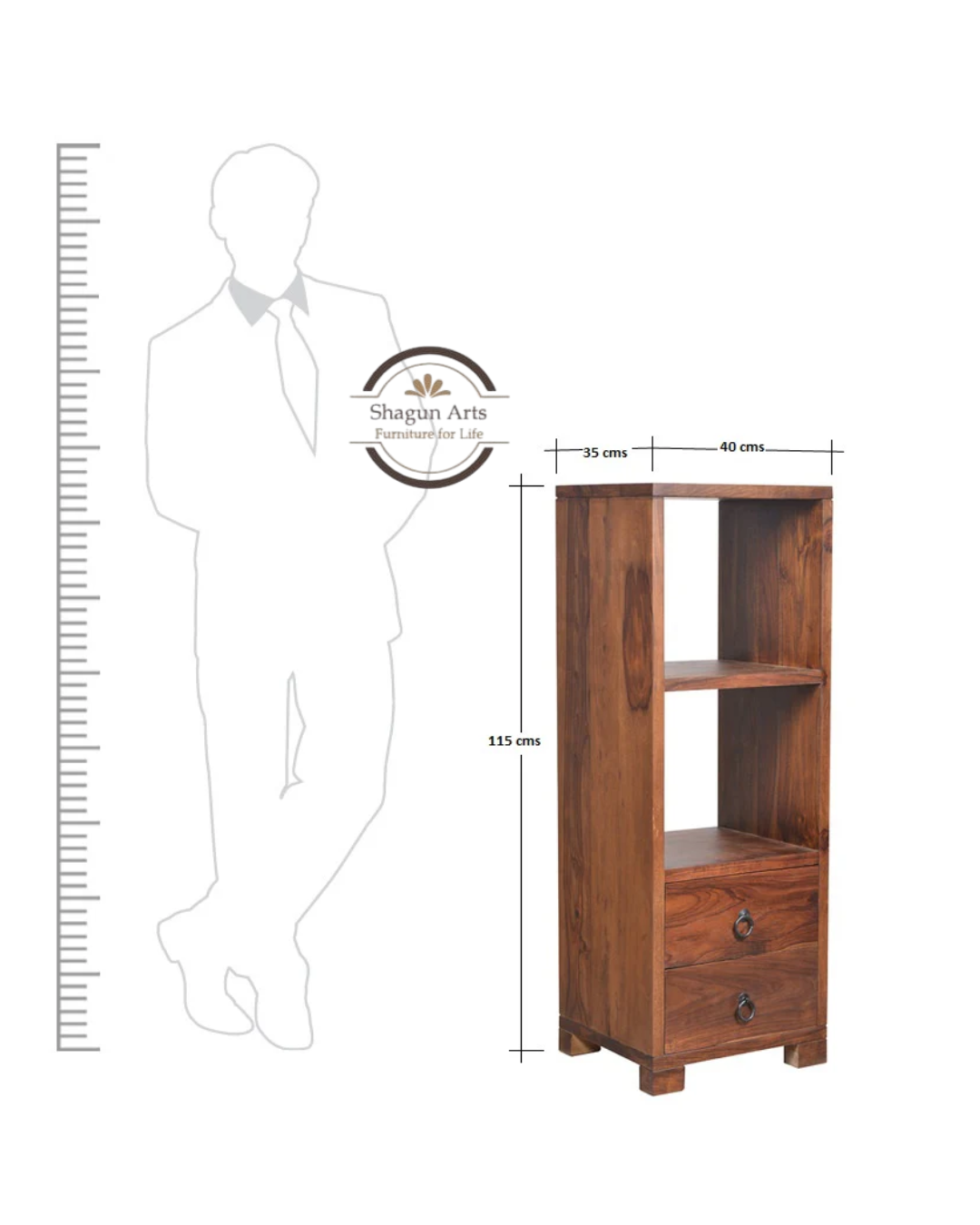 Megumi Solid Sheesham Wood Storage Cabinet with Open Shelves & 2 Drawers In Provencial Teak Finish