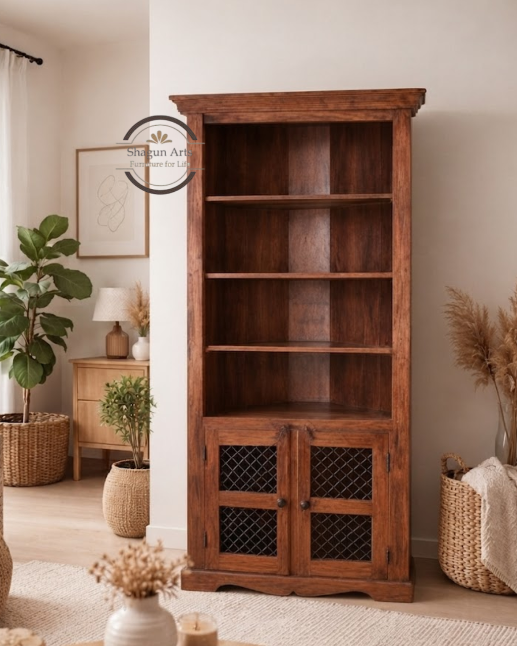 Essex Solid Sheesham Wood  Bookshelf with 2 Mesh-Door Cabinets In Honey Oak Finish