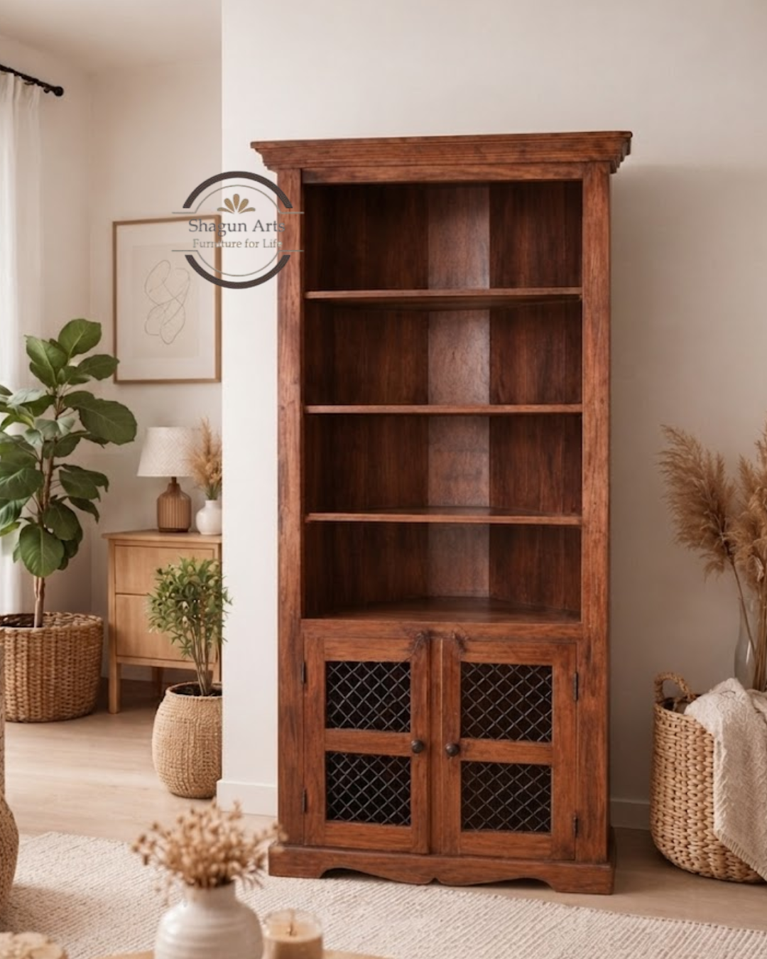 Essex Solid Sheesham Wood  Bookshelf with 2 Mesh-Door Cabinets In Honey Oak Finish