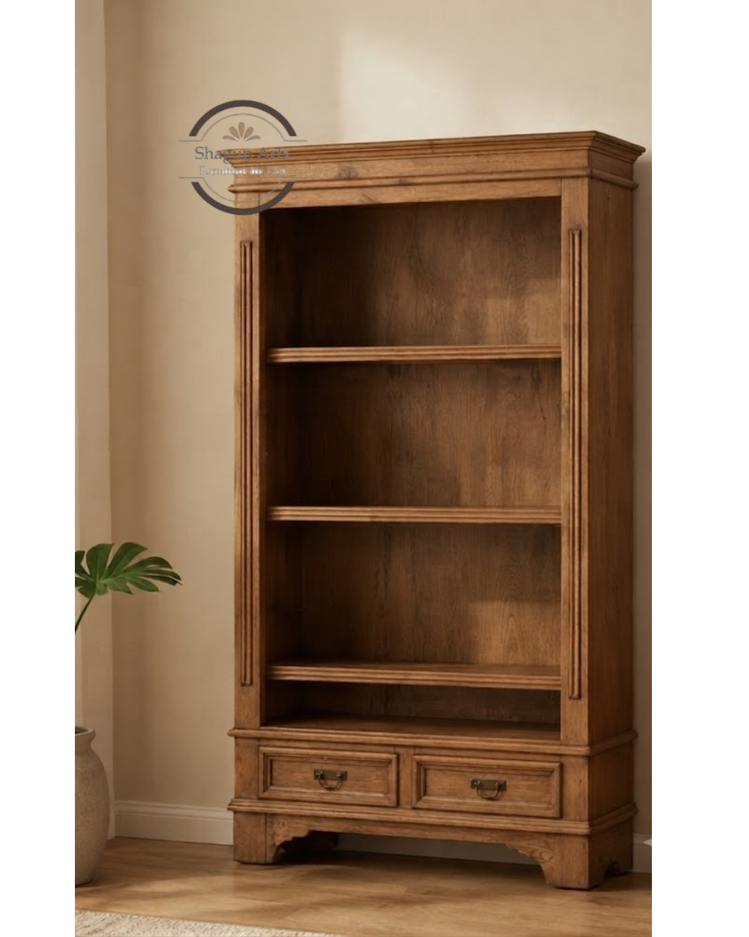 Hagborg Solid Sheesham Wood Book Shelf With 2 Drawers In Natural Brown Finish