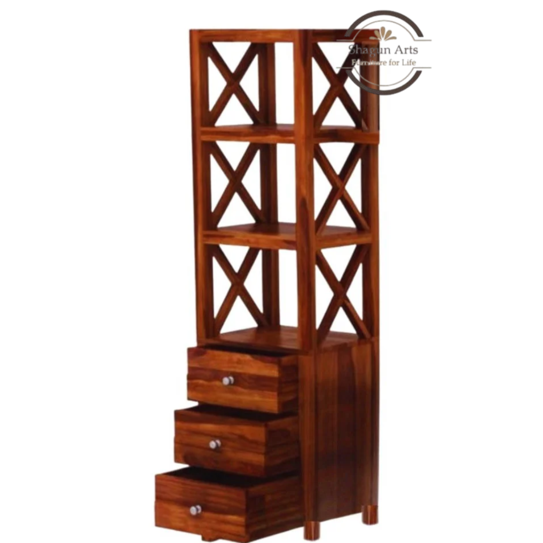 Hestia Solid Sheesham Wood Open Display Rack And Drawers