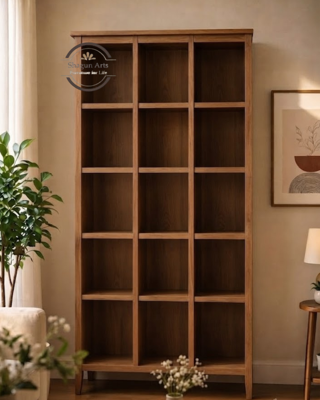 Abbey Solid Sheesham Wood 12-Compartment Open Bookshelf In Natural Brown Finish