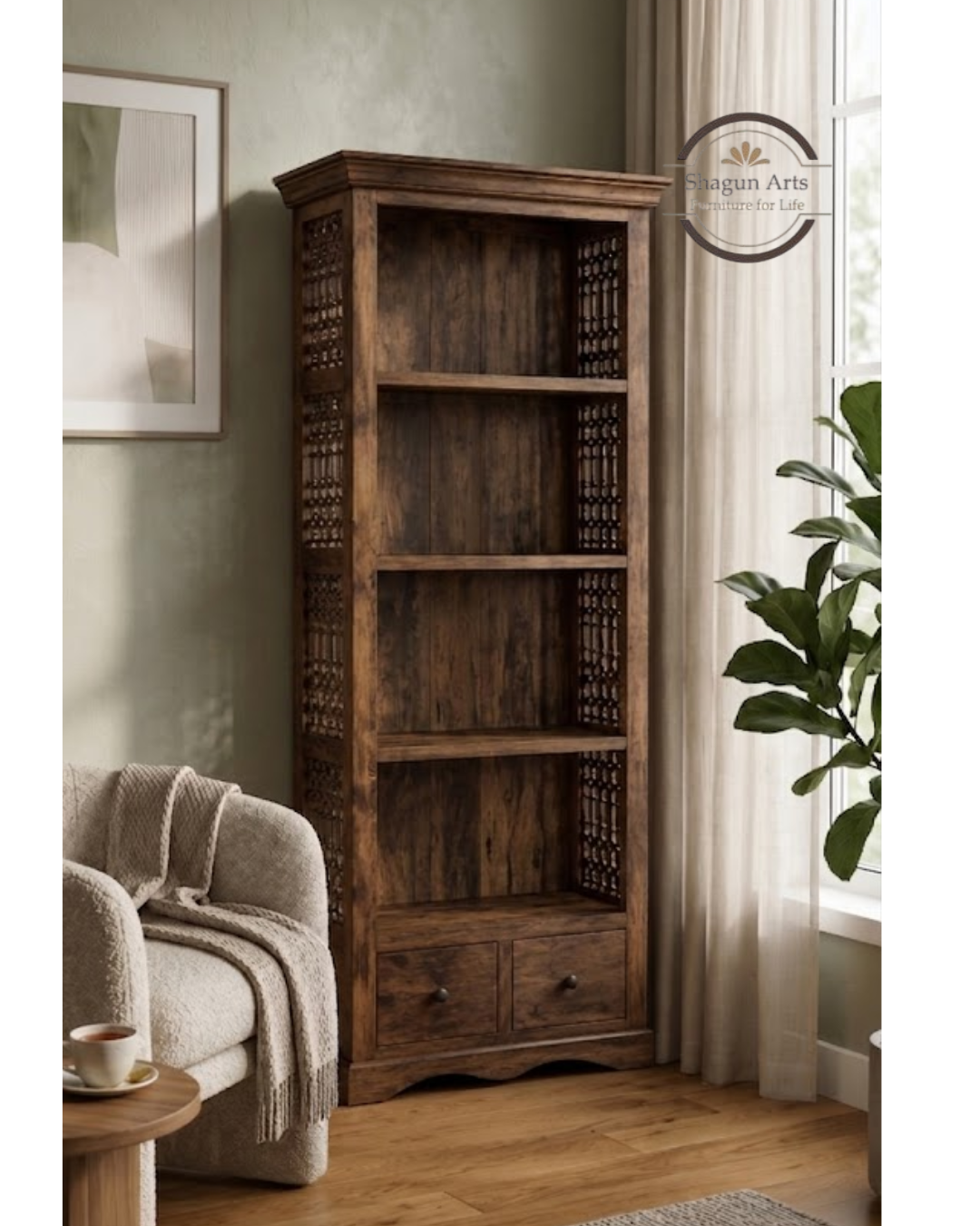 Emerson Solid Wood Bookshelf with 4 Open Shelves and 2 Bottom Drawers In Provencial Teak Finish