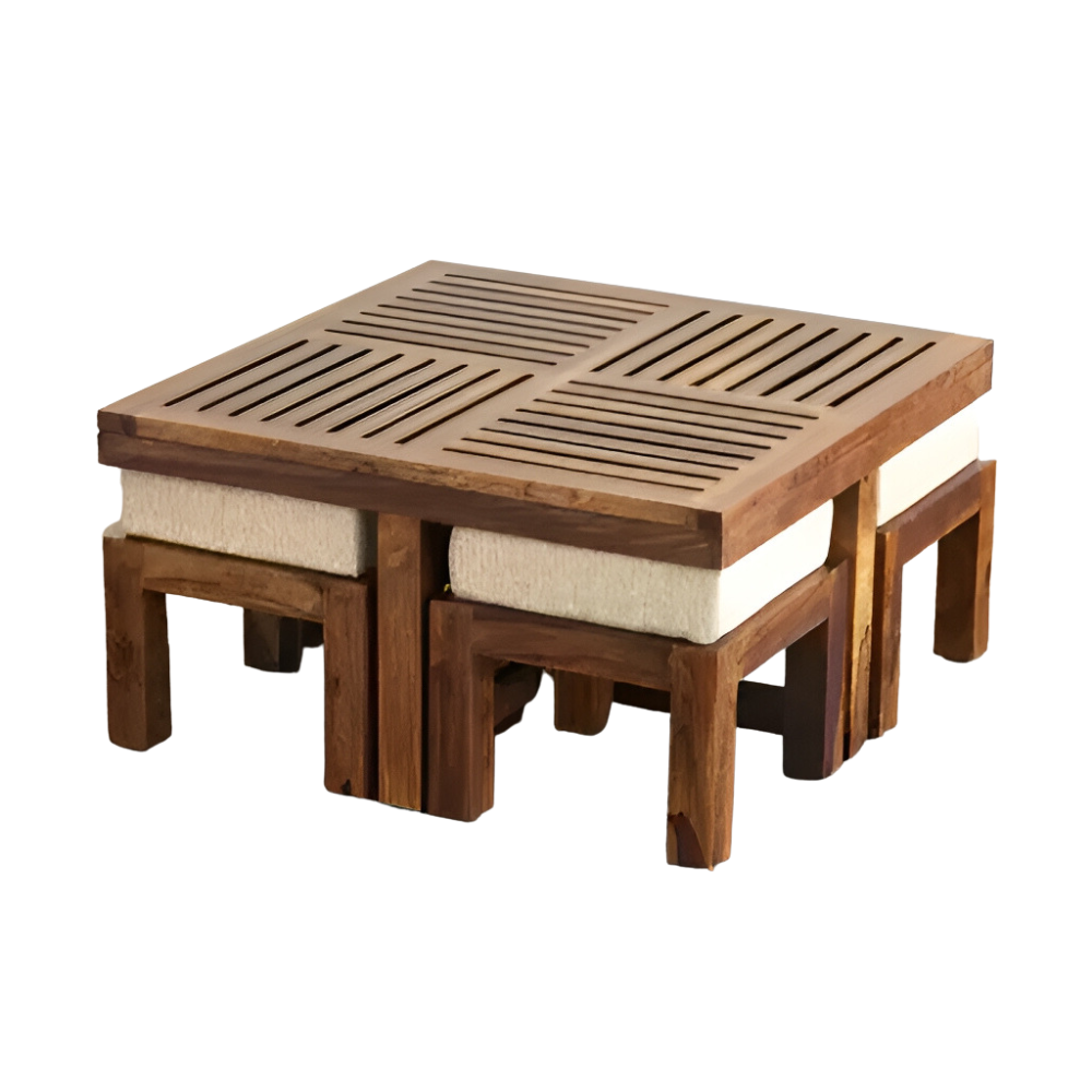 Rowan Solid Sheesham Wood Centre Coffee Table With 4 Stools