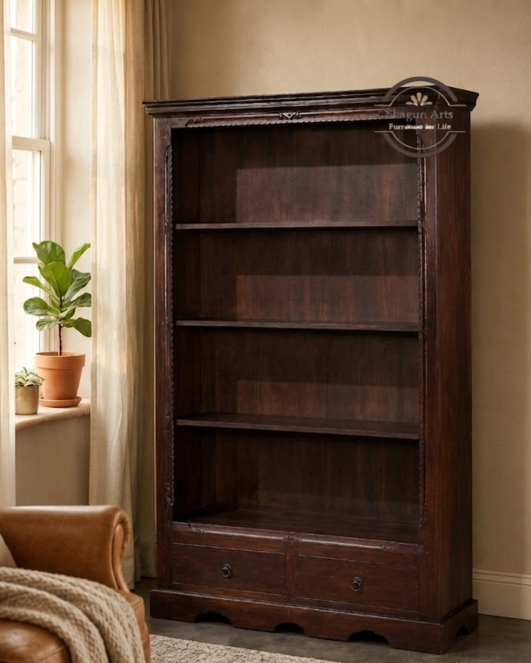 Bartolo Solid Sheesham Wood Bookshelf with two Drawer in Honey Oak Finish