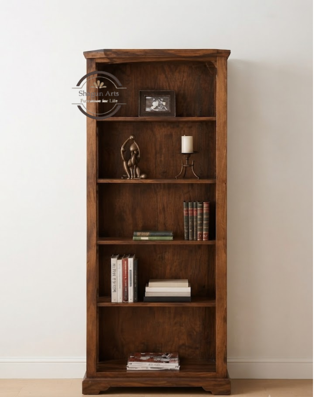 Alvin Solid Sheesham 5-Shelf Bookshelf with Decorative Side Panels In Honey Oak Finish