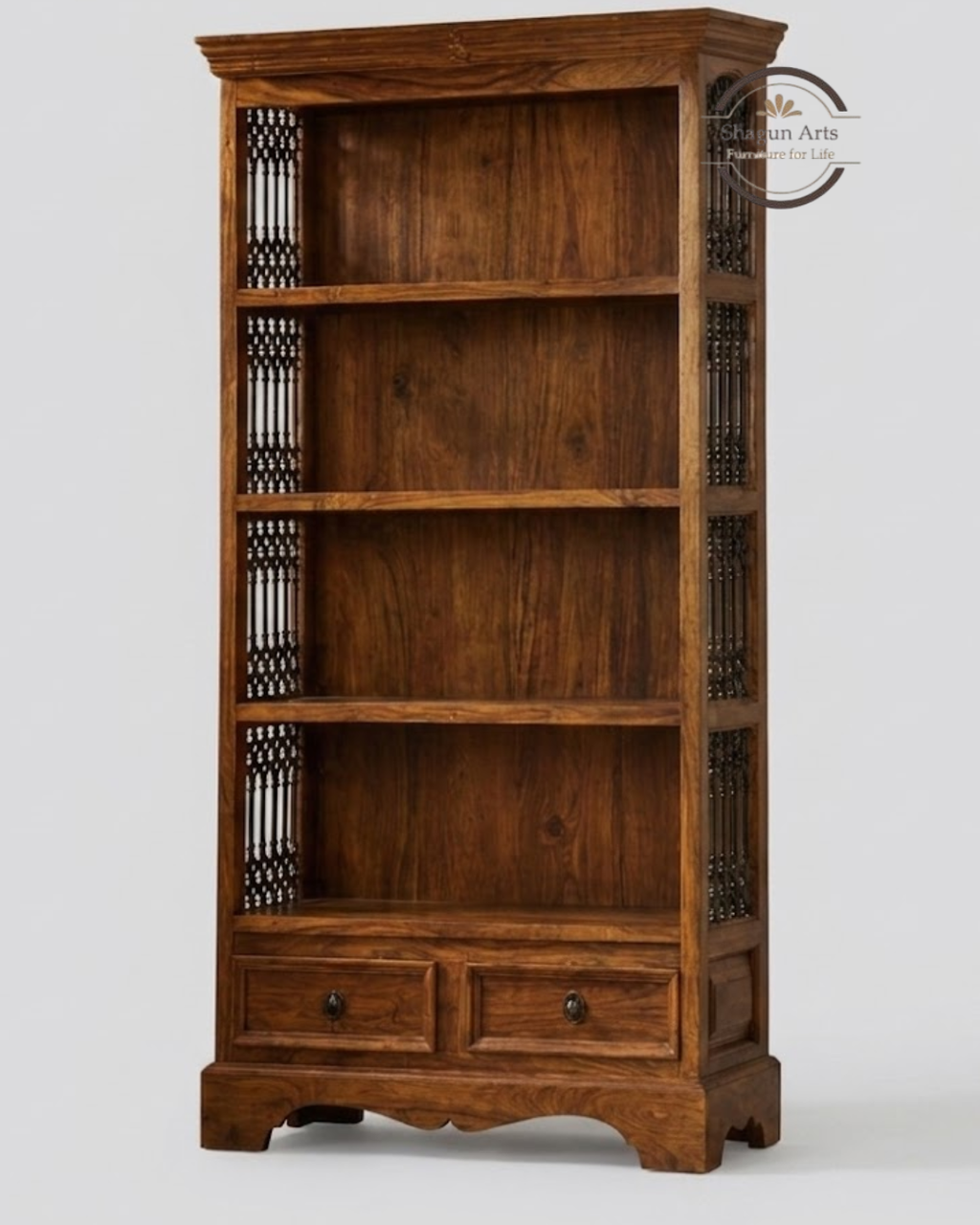 Abbey Solid Sheesham Wood 4-Shelf Bookshelf with Drawers