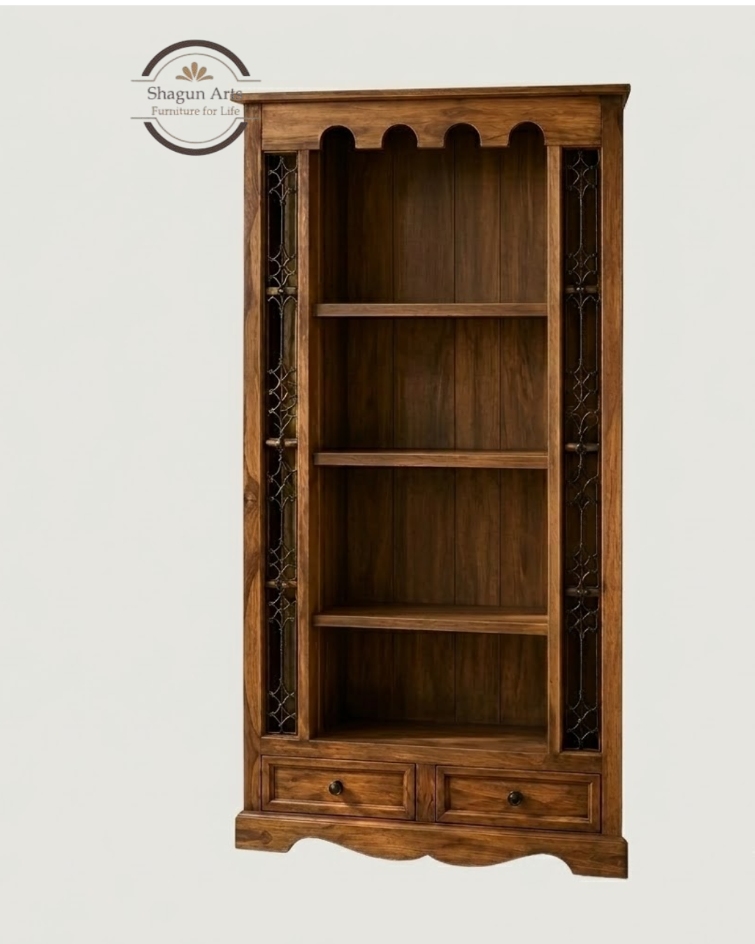 Malava Solid Sheesham Wood Bookshelf with 4 Open Shelves and 2 Drawers In Natural Brown Finish