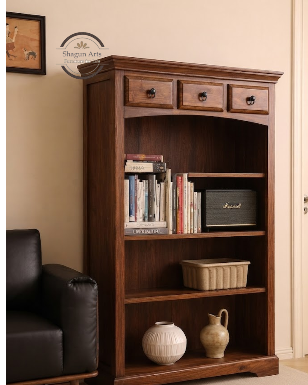 Gower Solid Sheesham Wood Bookshelf with 3 Drawers Book Shelf In Natural Brown Finish