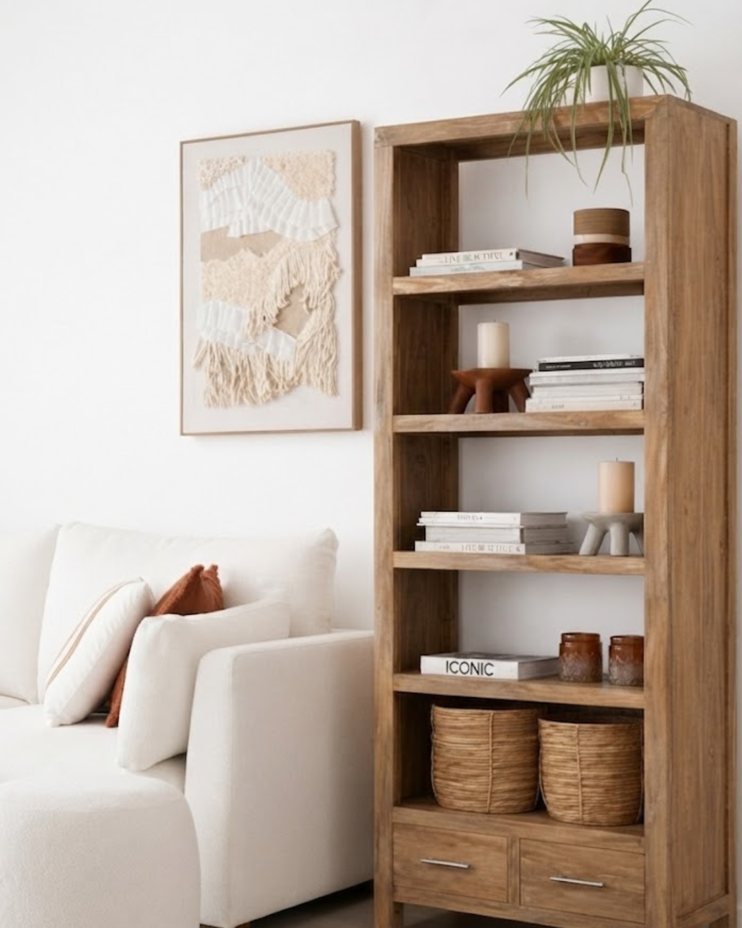 Eldrige Solid Wood 4-Tier Bookshelf with 2 Bottom Drawers In Natural Brown Finish