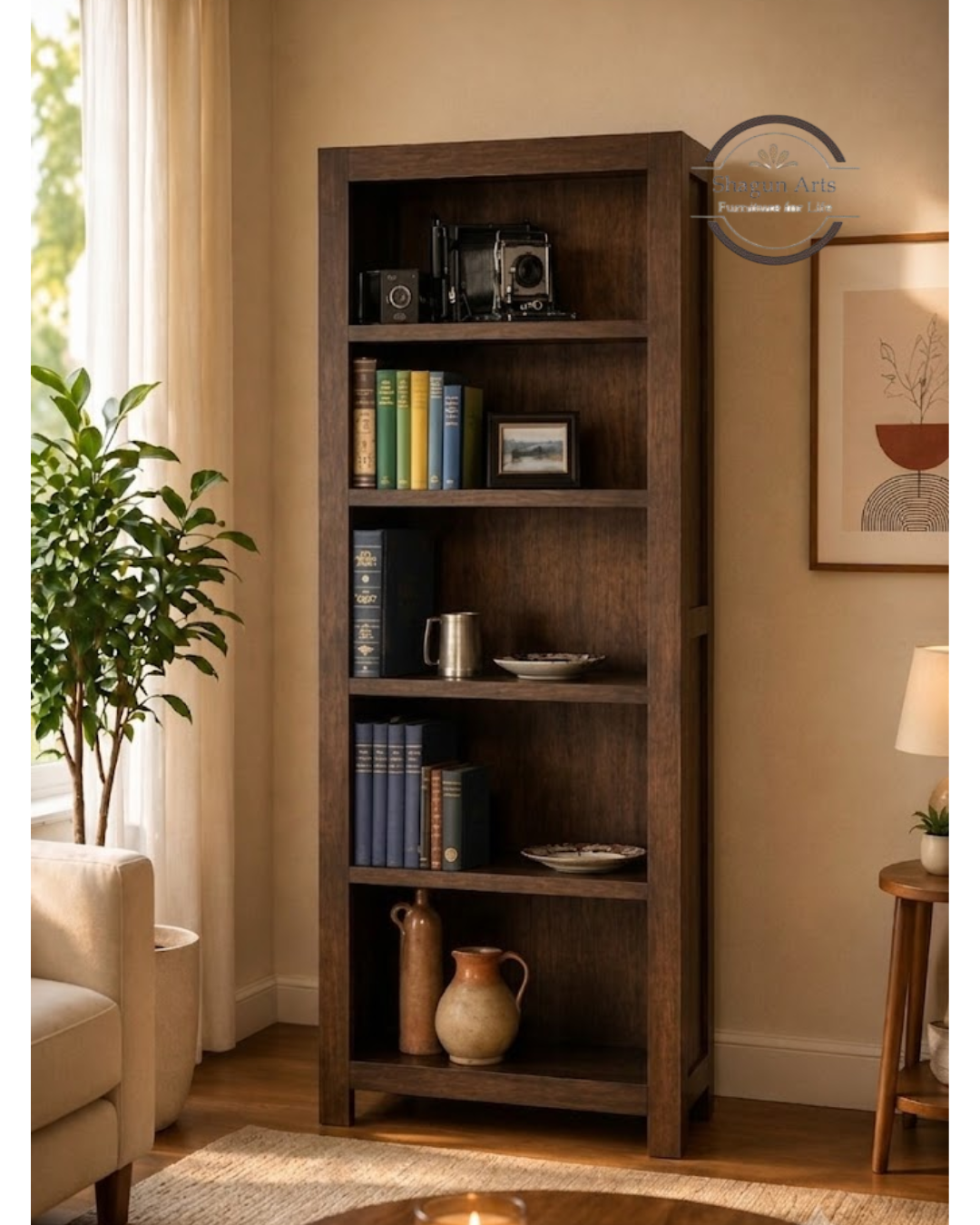 Emerson Solid Sheesham Wood 5-Tier Open Book Shelf In Honey Oak Finish