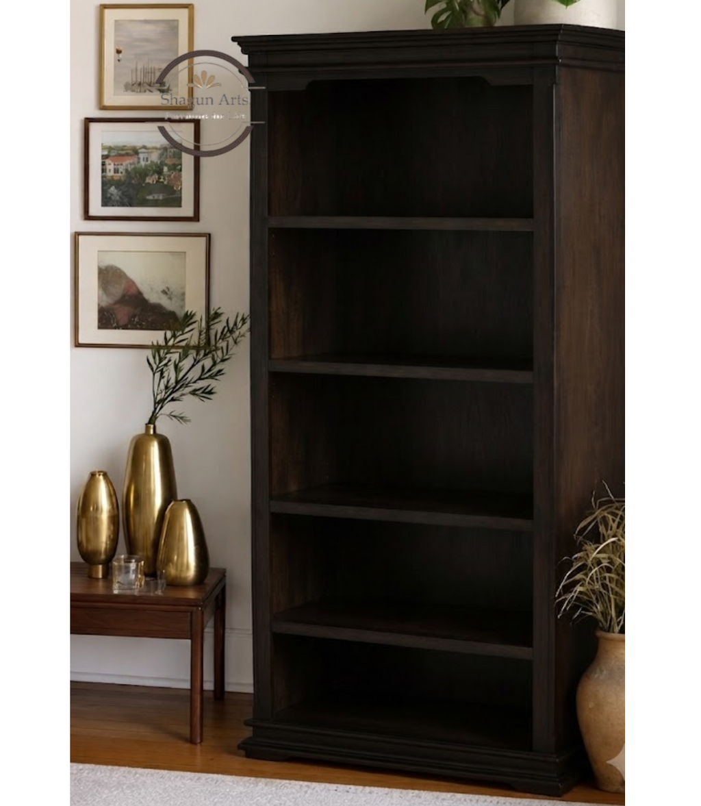 Coleman Solid Sheesham Wood Bookshelf with 4 Open Shelves and 2 Bottom Drawers In Honey Oak Finish