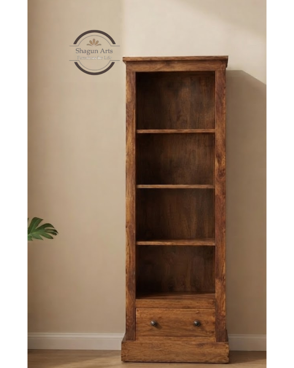 Segur Solid Sheesham Wood Bookshelf with Drawers In Natural Brown Finish