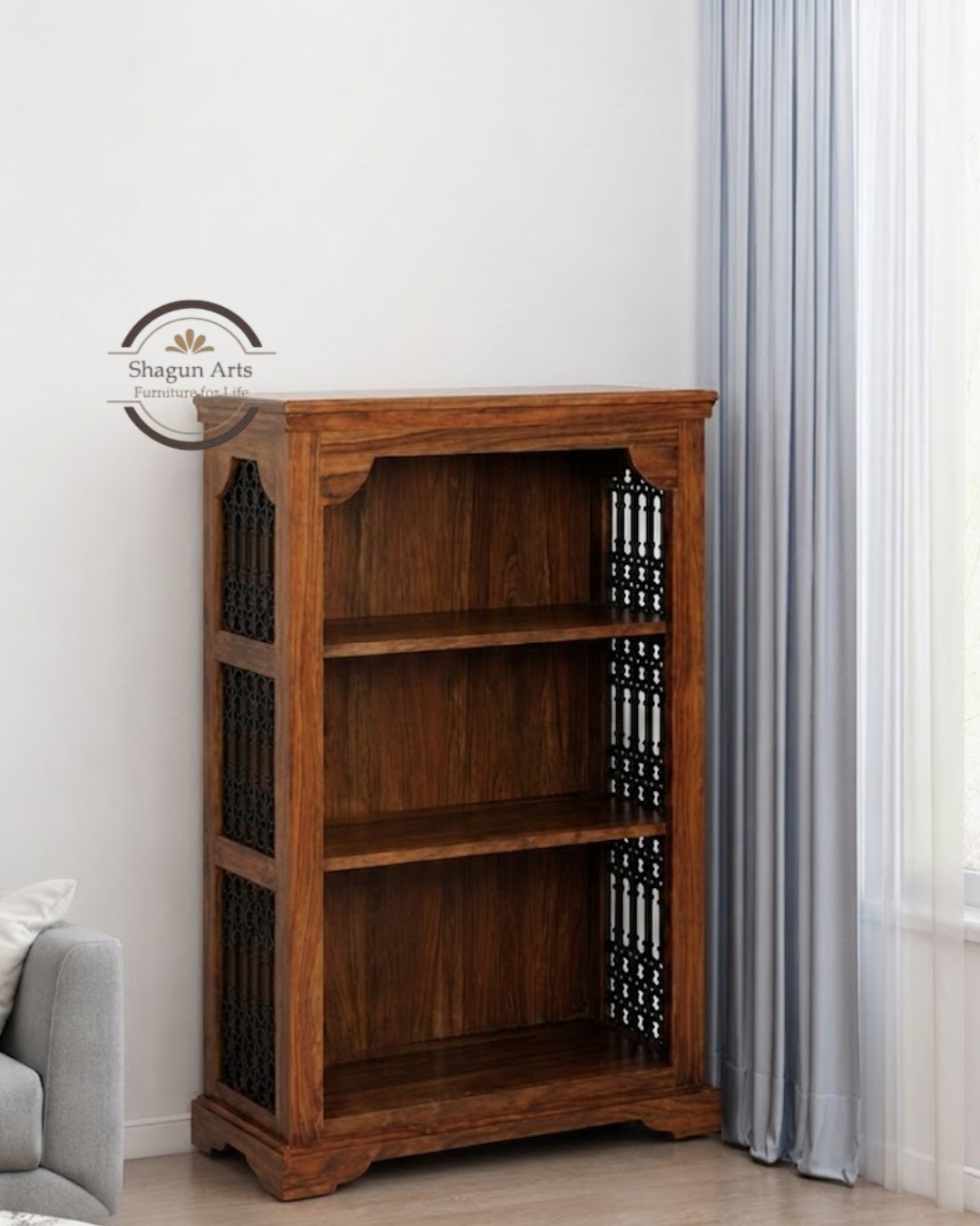 Stigen Solid Sheesham Wood Bookshelf with Decorative Jali Side Panels In Honey Oak Finish