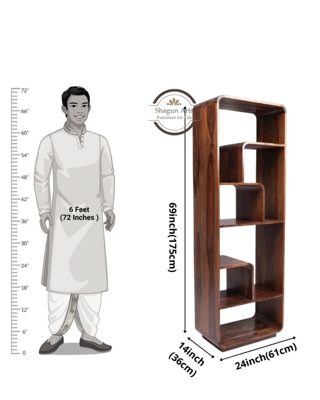 Thalia Solid Sheesham Wood Modern Geometric Display Bookshelf