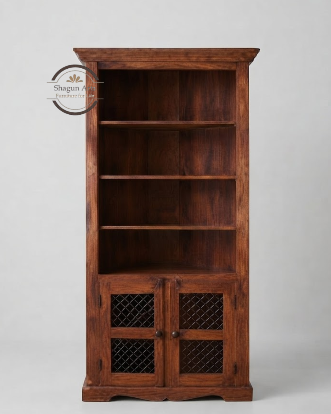 Essex Solid Sheesham Wood  Bookshelf with 2 Mesh-Door Cabinets In Honey Oak Finish