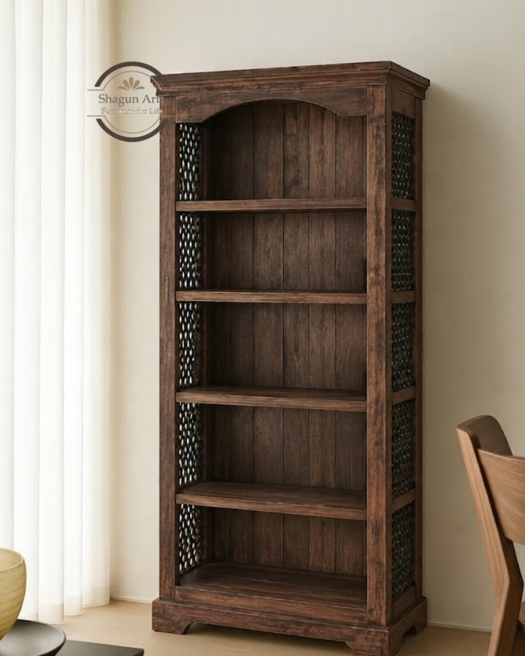 Stanfield Solid Sheesham Wood 5-Shelf Bookshelf with Decorative Sides In Honey Oak Finish