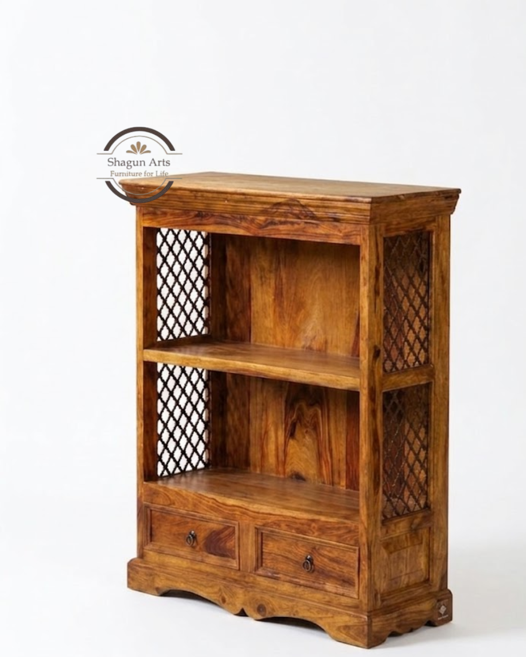 Gower Solid Sheesham Wood 2-Shelf Bookshelf with Drawers