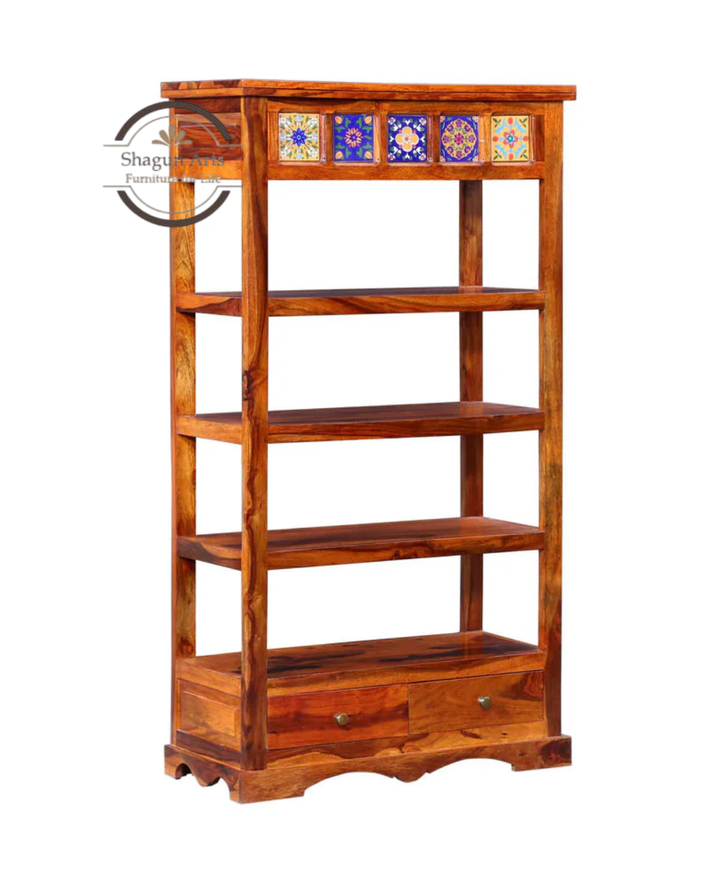 Lacey Solid Sheesham Wood Bookshelf with Decorative Tile Accent in Honey Oak Finish