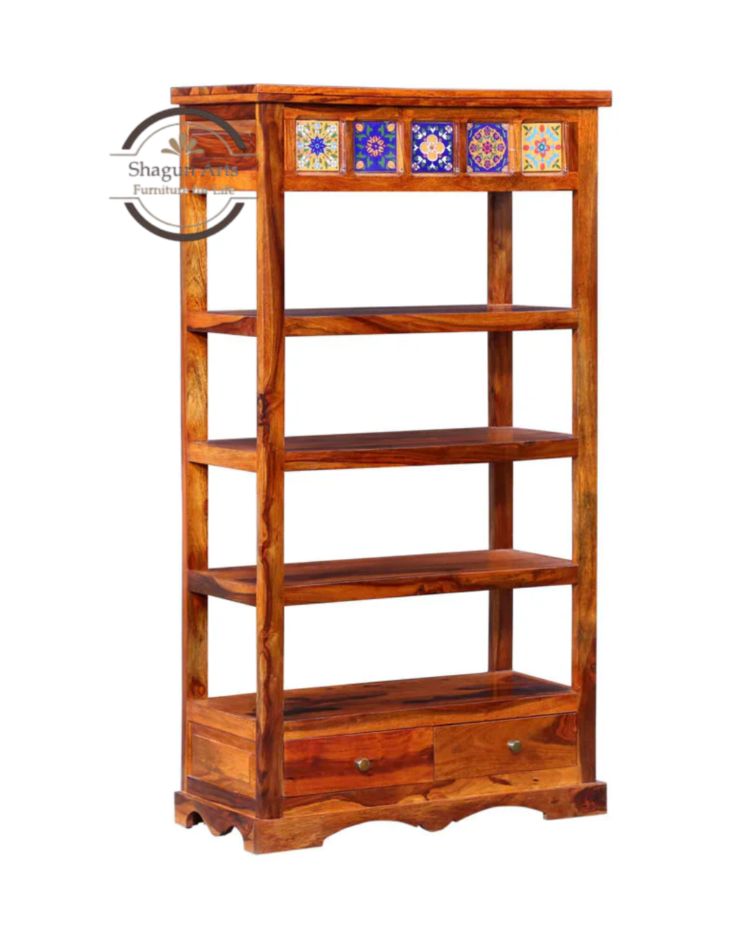 Lacey Solid Sheesham Wood Bookshelf with Decorative Tile Accent in Honey Oak Finish