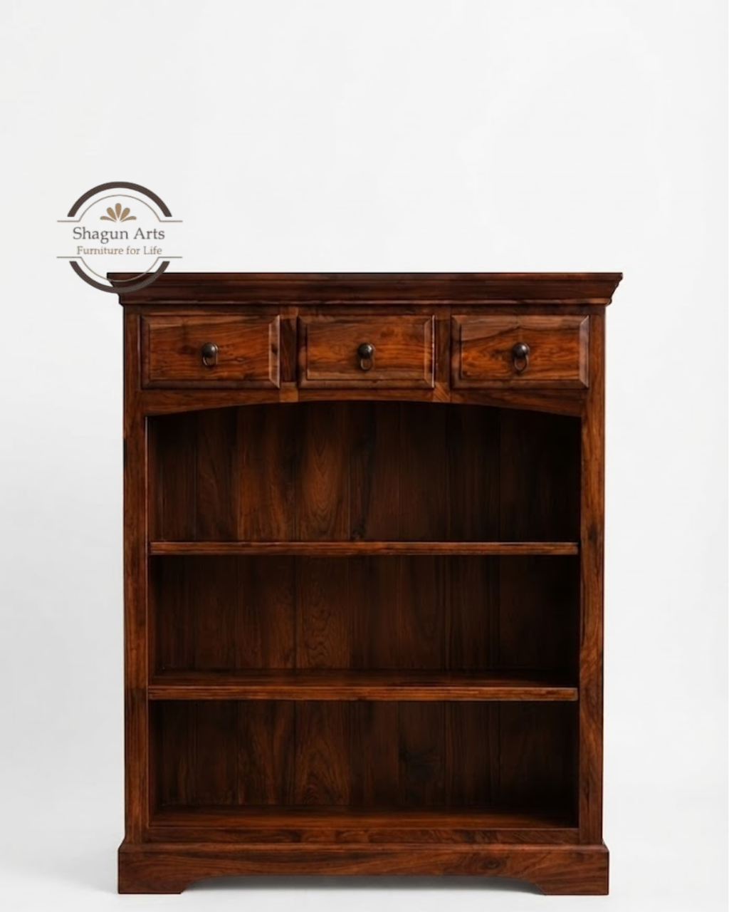 Gower Solid Sheesham Wood Bookshelf with 3 Drawers Book Shelf In Natural Brown Finish