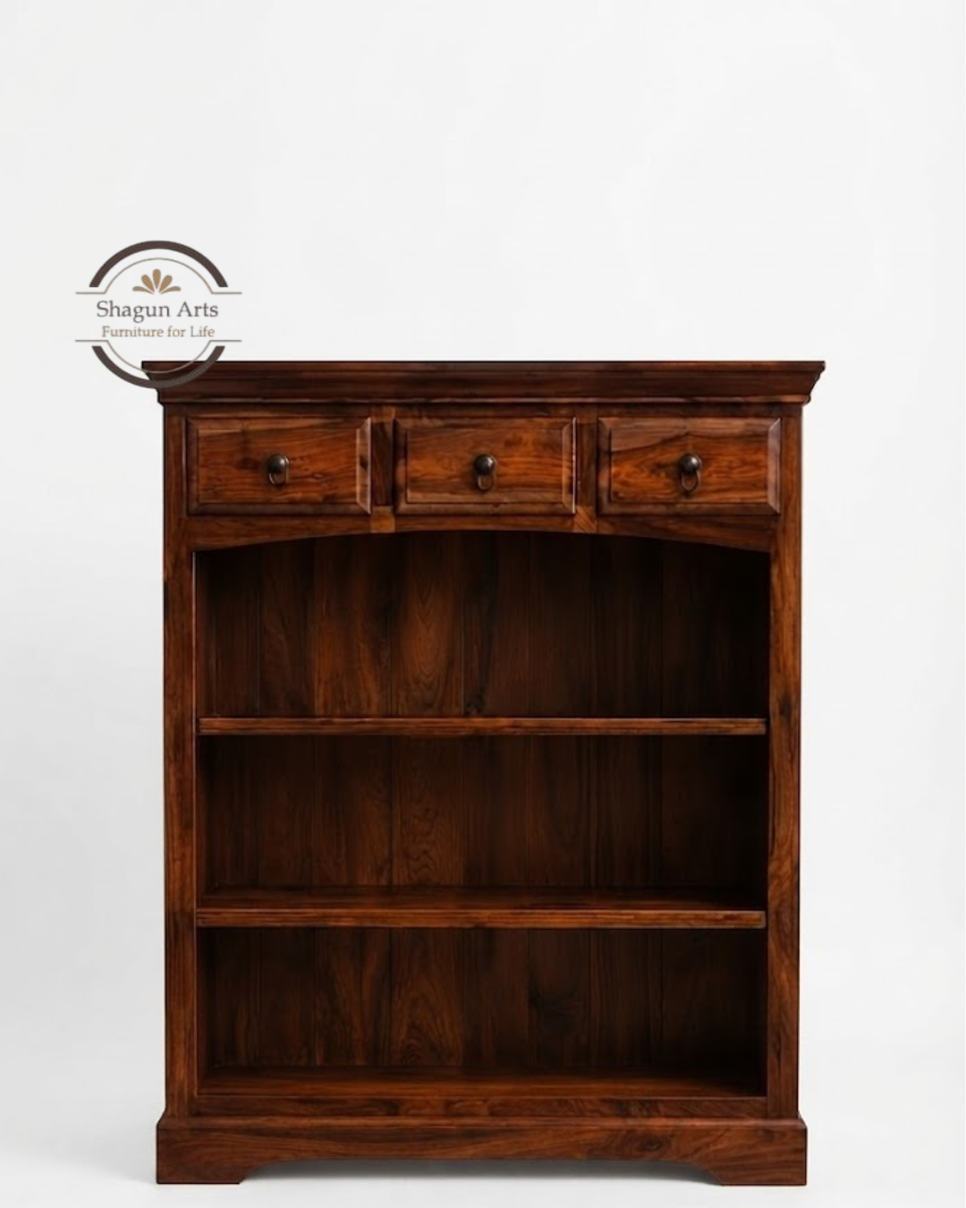 Gower Solid Sheesham Wood Bookshelf with 3 Drawers Book Shelf In Natural Brown Finish