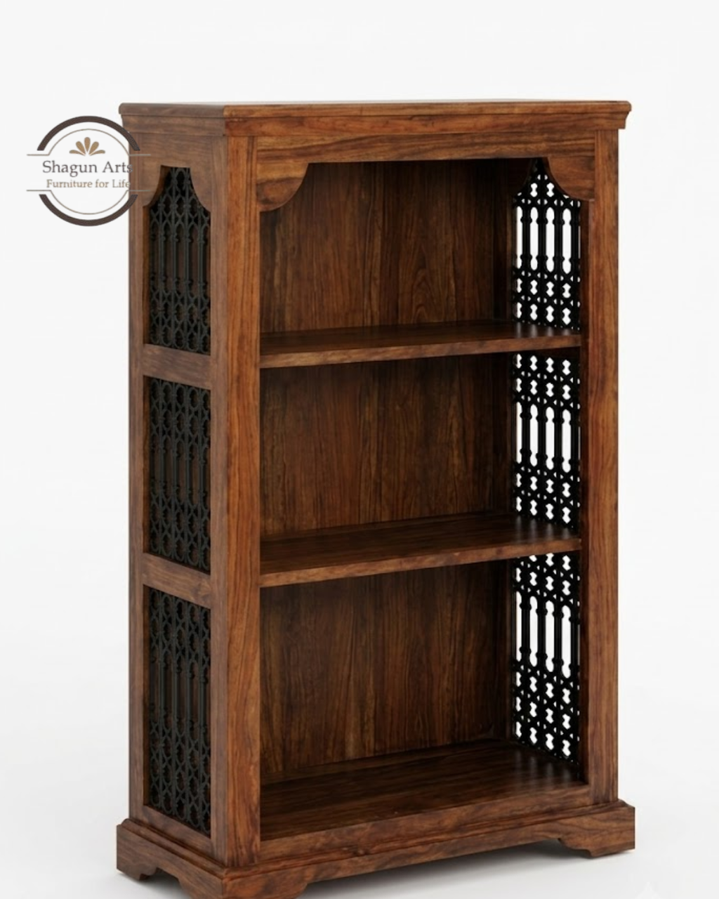 Stigen Solid Sheesham Wood Bookshelf with Decorative Jali Side Panels In Honey Oak Finish