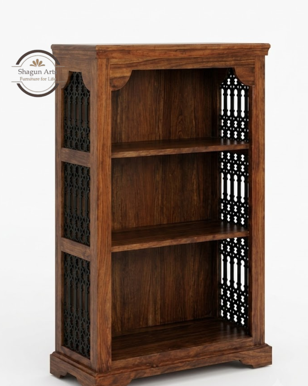 Stigen Solid Sheesham Wood Bookshelf with Decorative Jali Side Panels In Honey Oak Finish
