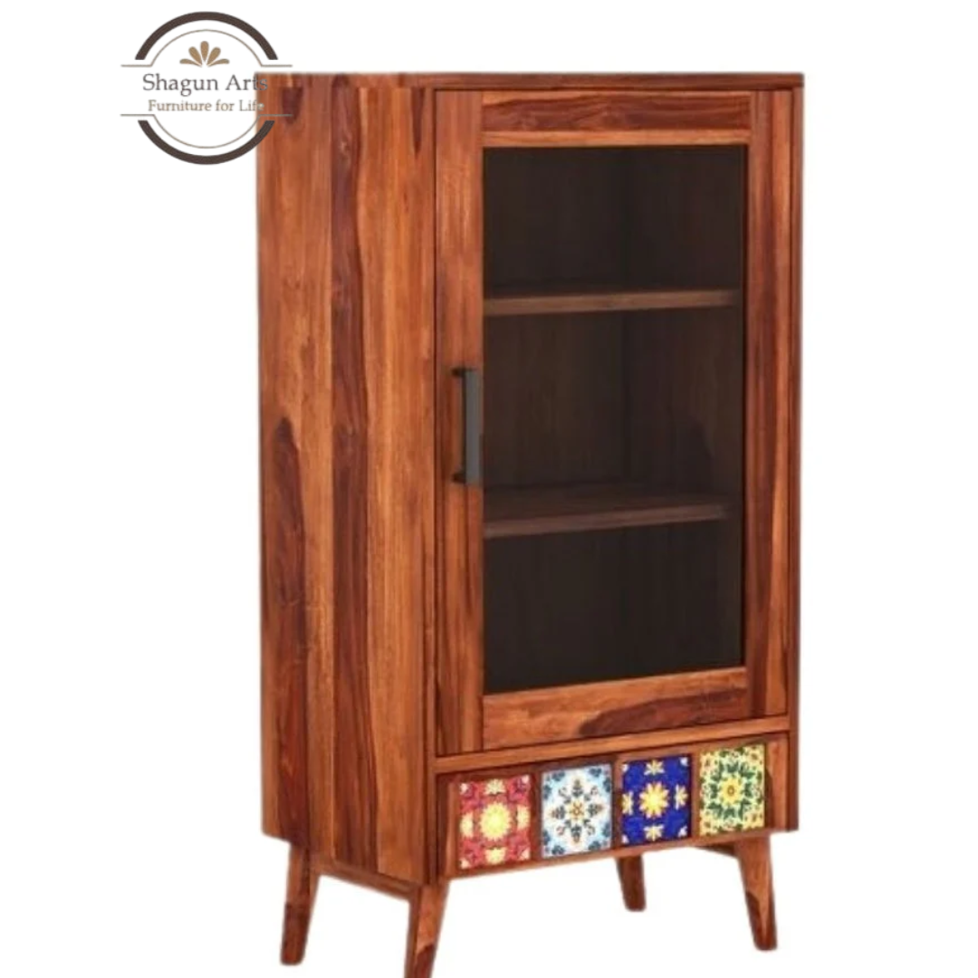 Ansel Solid Sheesham Wood Display Cabinet with Solidd Decorative Tile