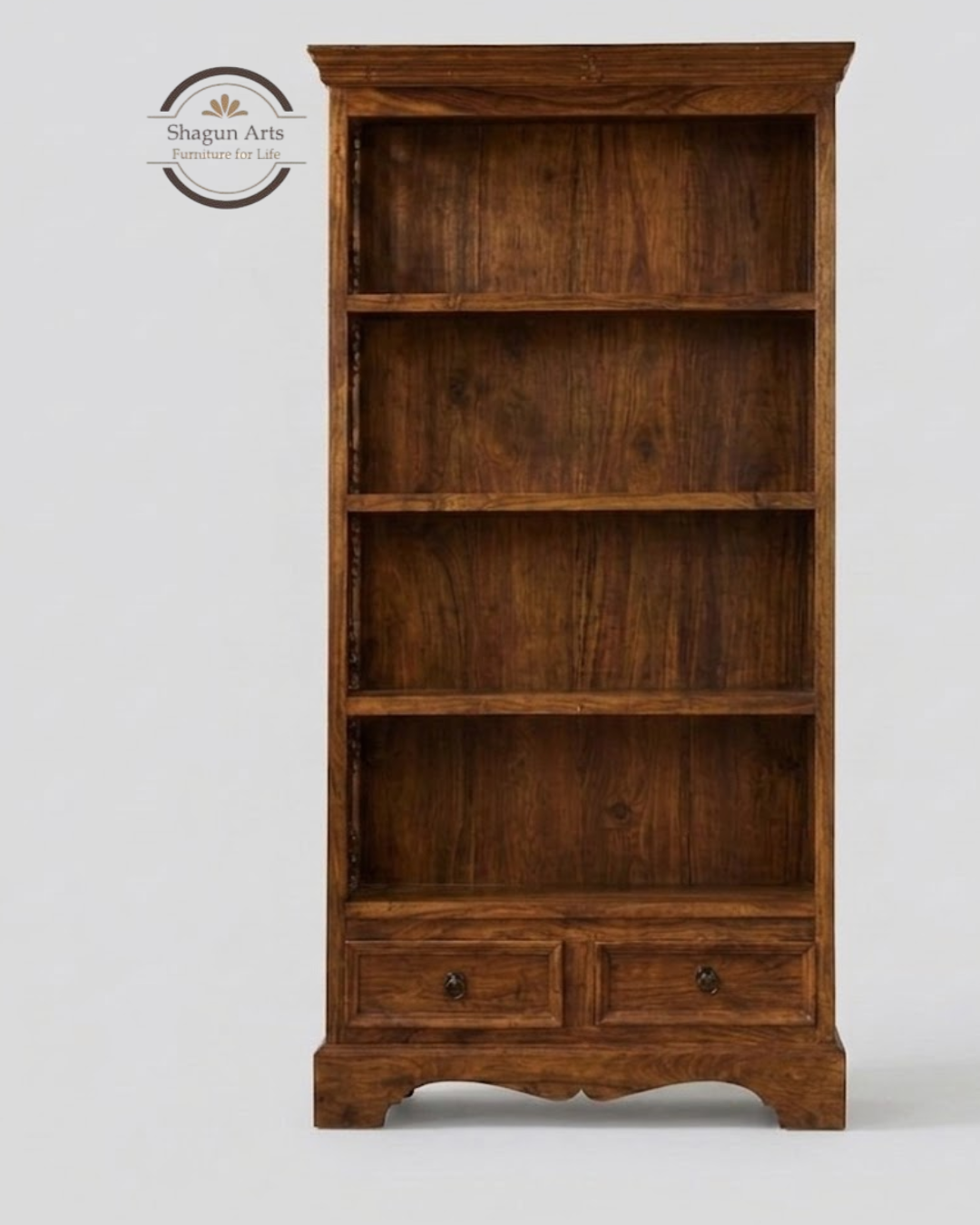 Abbey Solid Sheesham Wood 4-Shelf Bookshelf with Drawers