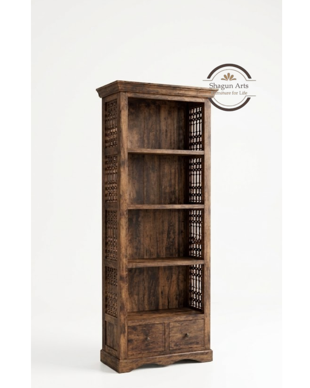 Emerson Solid Wood Bookshelf with 4 Open Shelves and 2 Bottom Drawers In Provencial Teak Finish