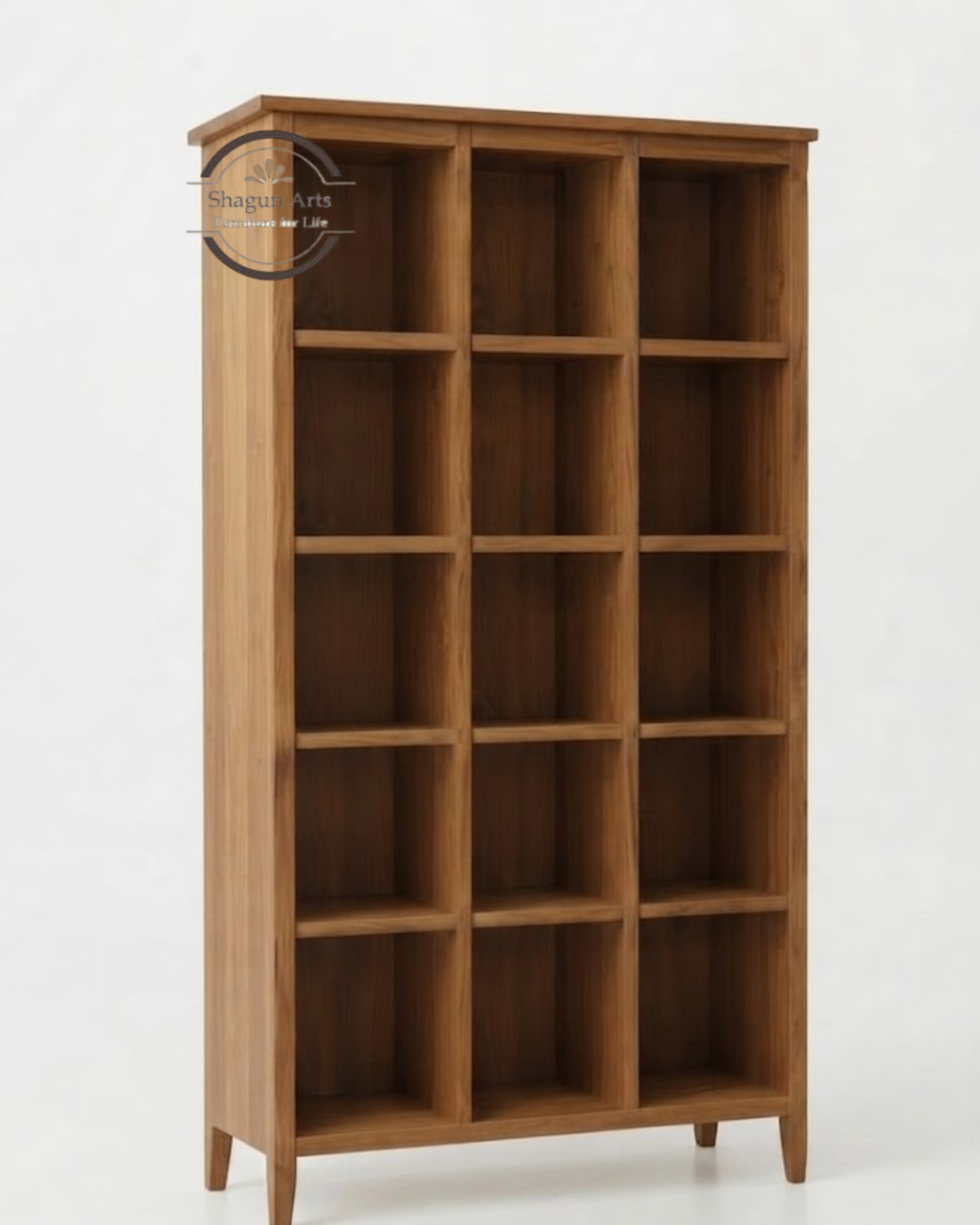 Abbey Solid Sheesham Wood 12-Compartment Open Bookshelf In Natural Brown Finish