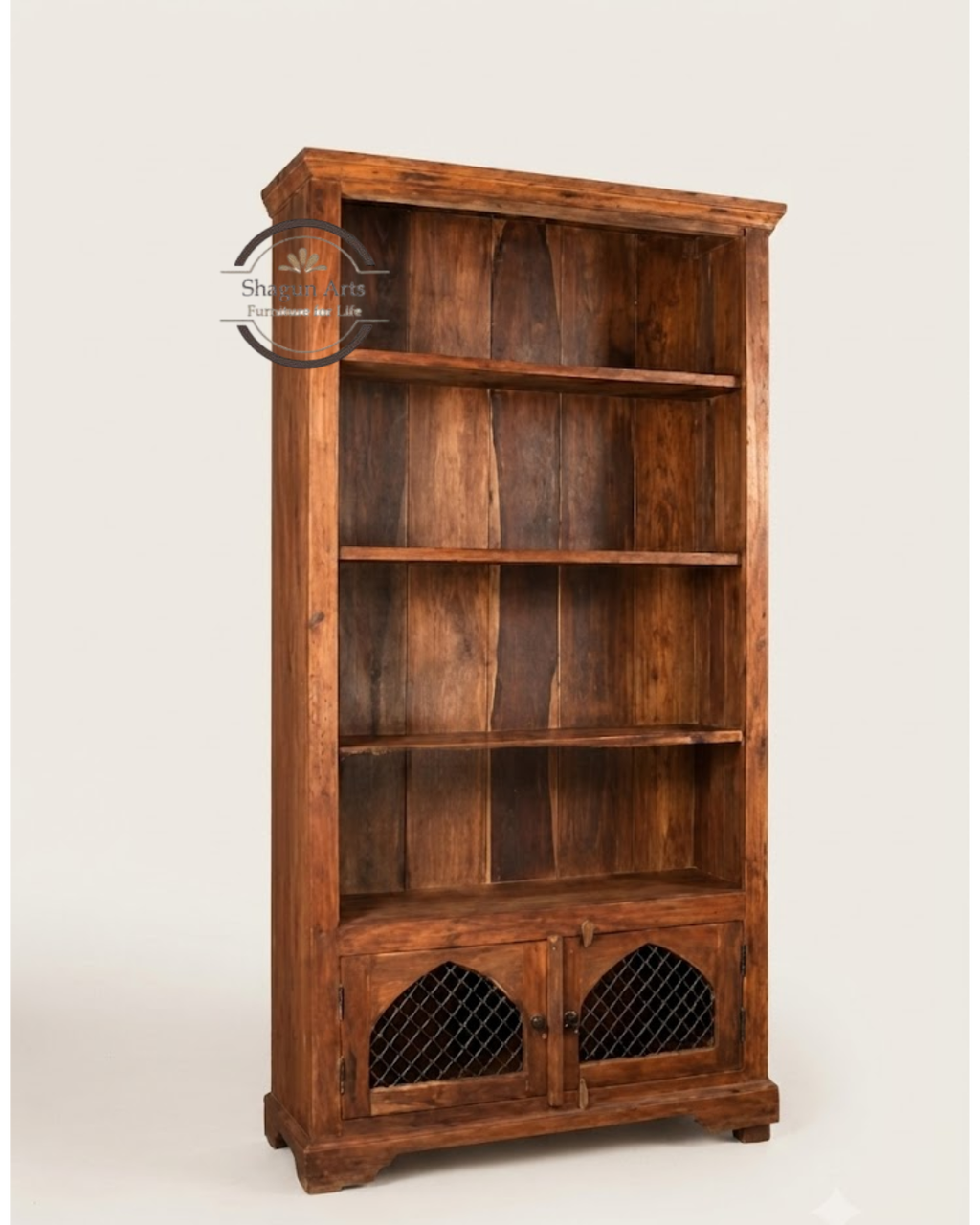 Oriel Solid Sheesham Wood Bookshelf with 2 Storage Cabinets In Natural Brown Finish