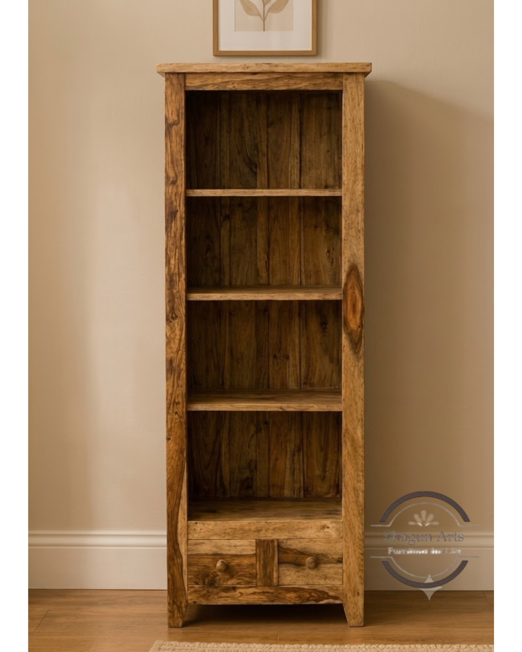 Oriel Solid Sheesham Wood 4-Shelf Bookshelf with Drawers In Natural Finish