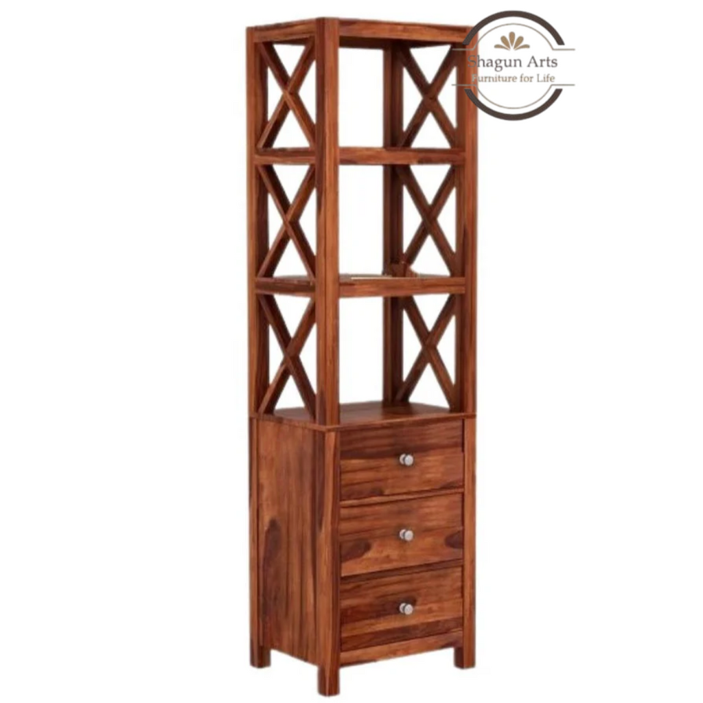 Hestia Solid Sheesham Wood Open Display Rack And Drawers