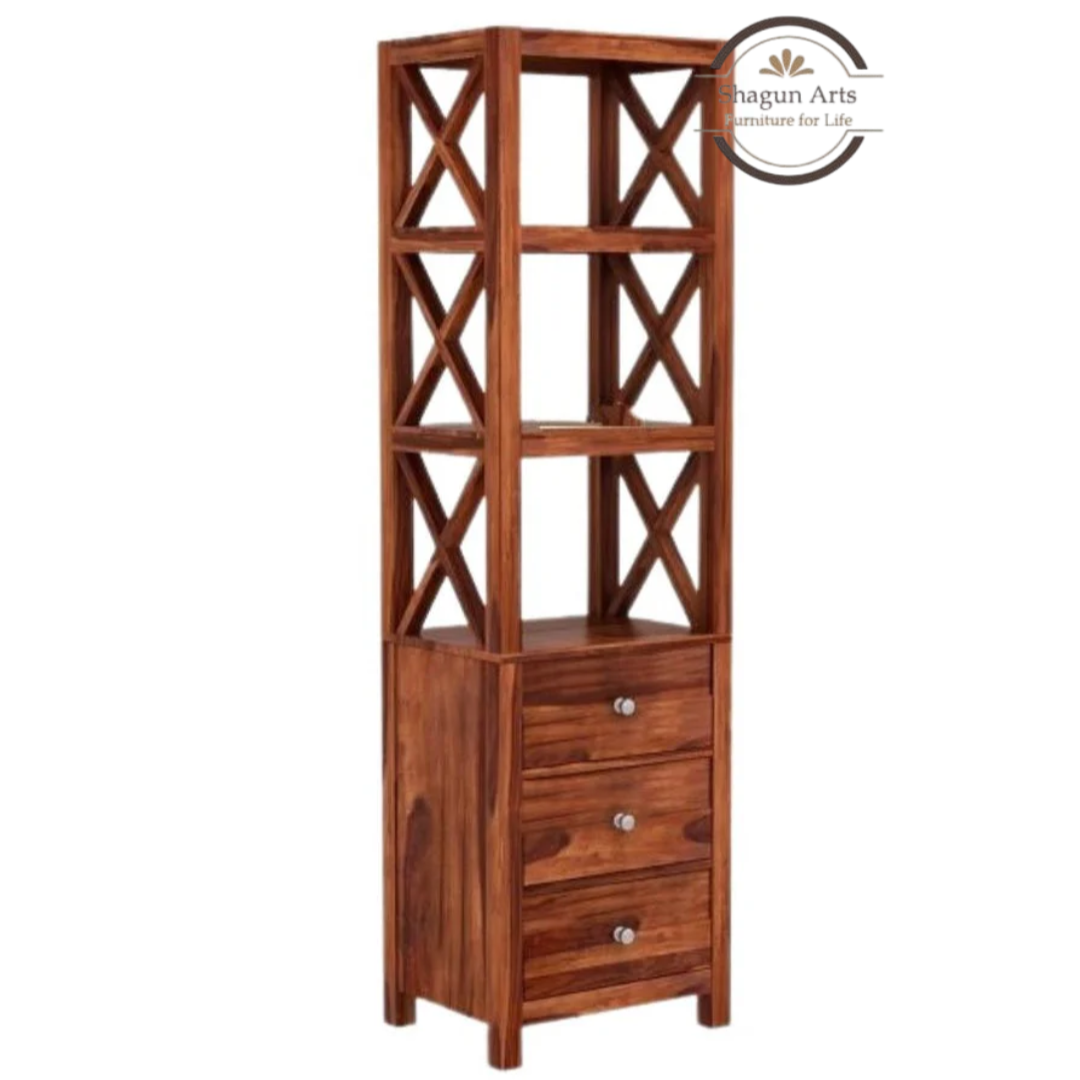 Hestia Solid Sheesham Wood Open Display Rack And Drawers