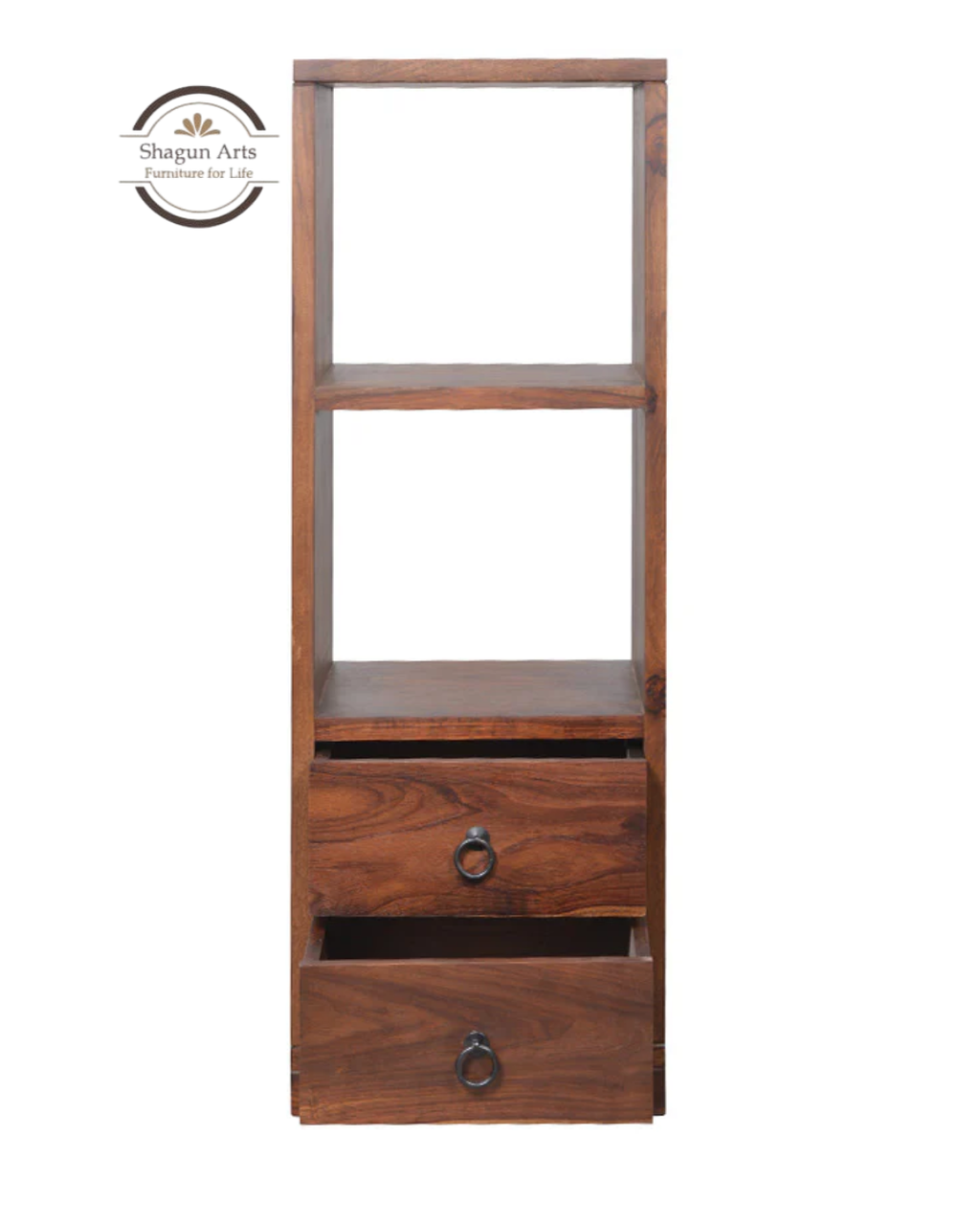 Megumi Solid Sheesham Wood Storage Cabinet with Open Shelves & 2 Drawers In Provencial Teak Finish