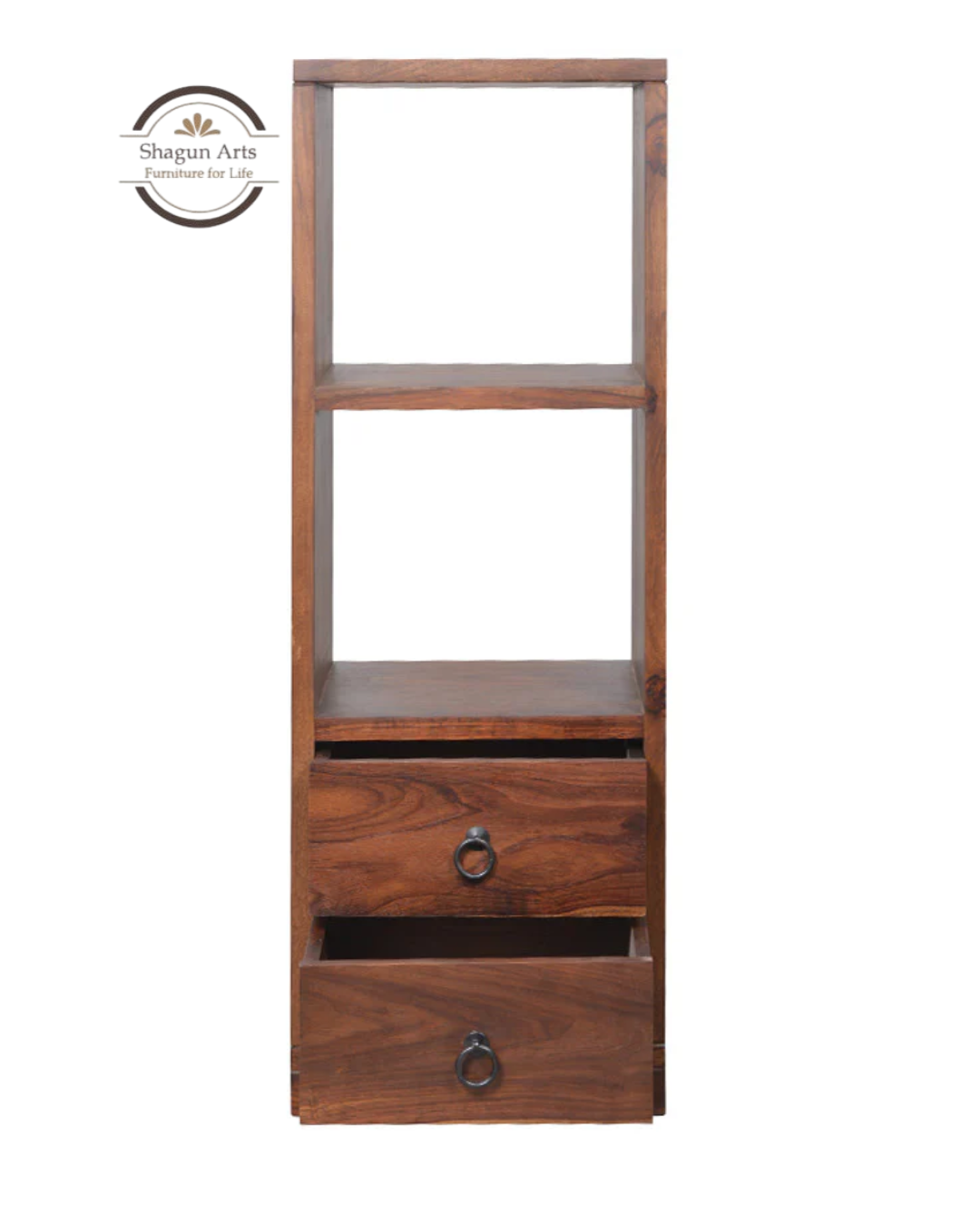 Megumi Solid Sheesham Wood Storage Cabinet with Open Shelves & 2 Drawers In Provencial Teak Finish