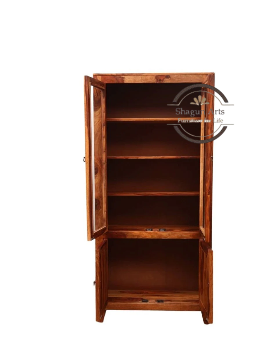 Nyla Solid Sheesham Wood Glass Door Display Cabinet with Storage