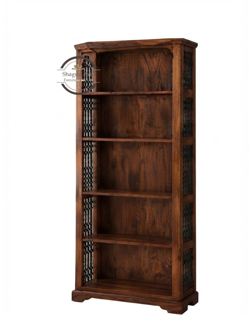 Alvin Solid Sheesham 5-Shelf Bookshelf with Decorative Side Panels In Honey Oak Finish