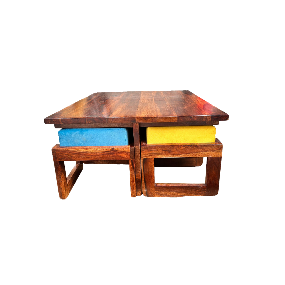 Thalia Solid Sheesham Wood Centre Coffee Table With 4 Stools