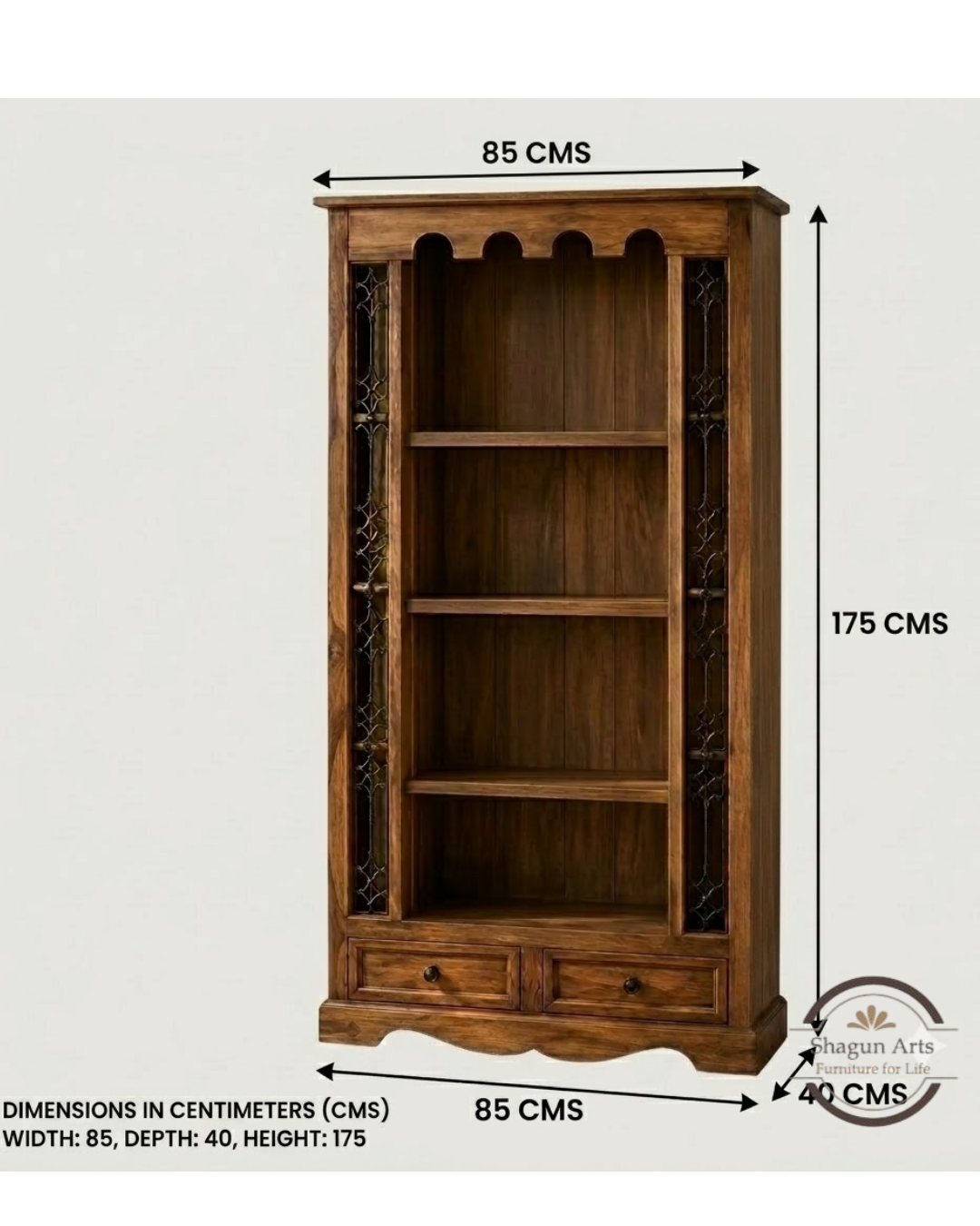 Malava Solid Sheesham Wood Bookshelf with 4 Open Shelves and 2 Drawers In Natural Brown Finish