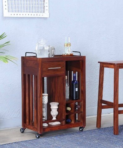 Ester Bar Pure Sheesham Wood Bar Trolley in Honey Look Finishing