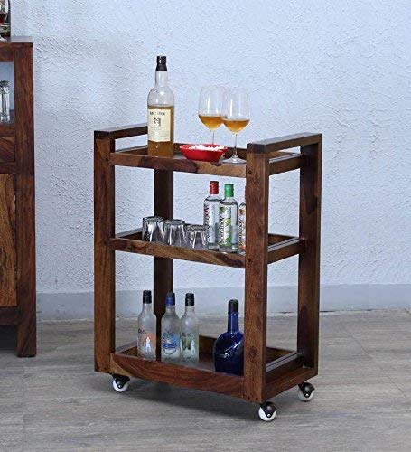 Delroy Bar Wooden Bar Trolley/Serving Trolley/Wooden Service Trolley (Sheesham Wood) (Teak Wood Shade)(foulding)
