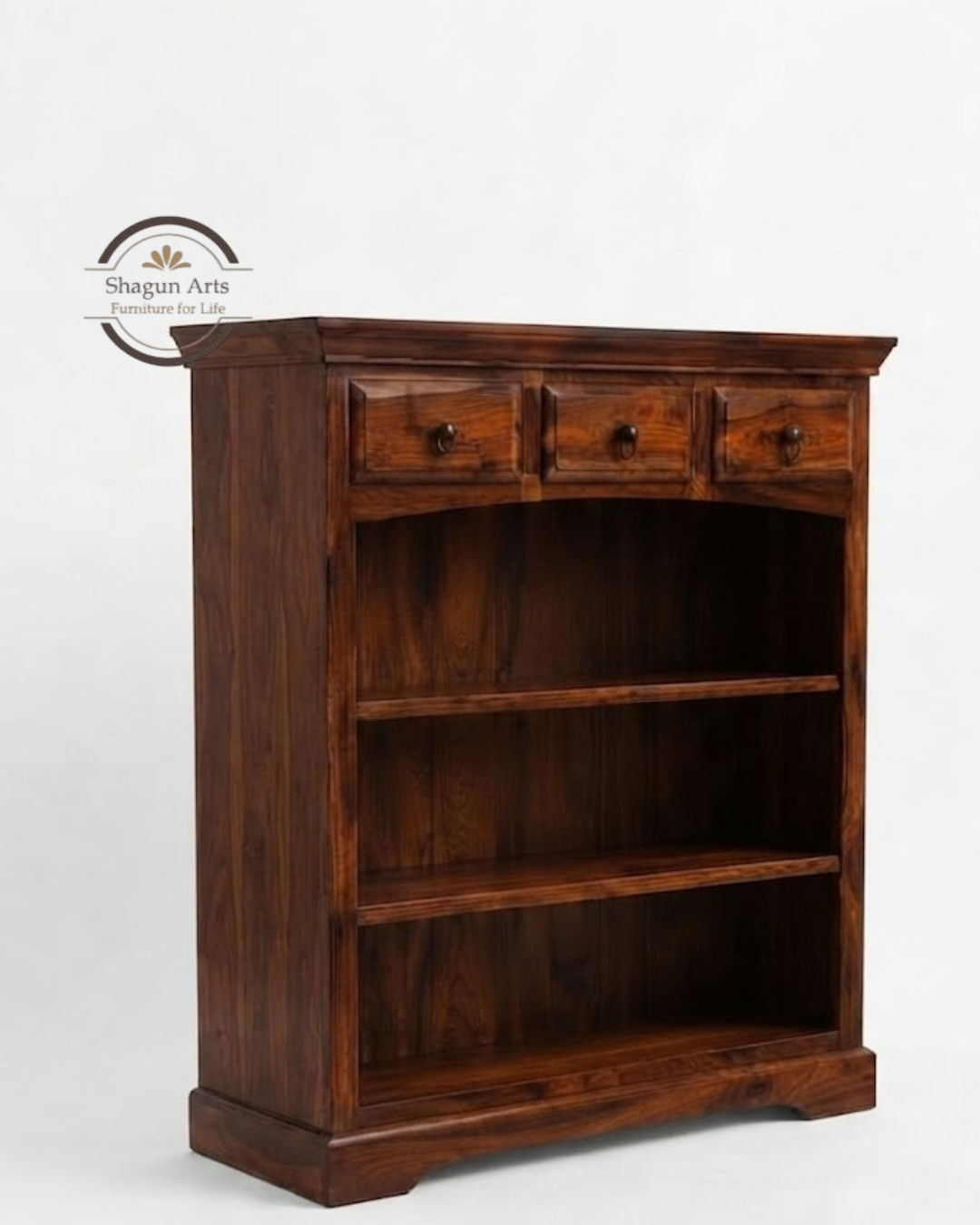 Gower Solid Sheesham Wood Bookshelf with 3 Drawers Book Shelf In Natural Brown Finish