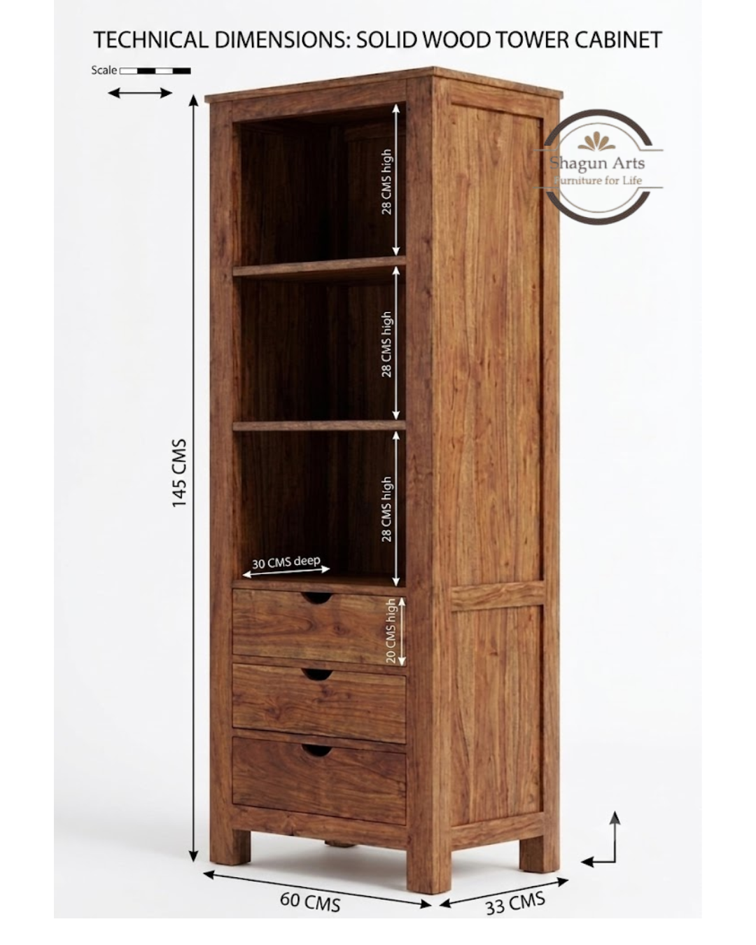 Hayao Solid Sheesham Wood Bookshelf with 3 Drawers