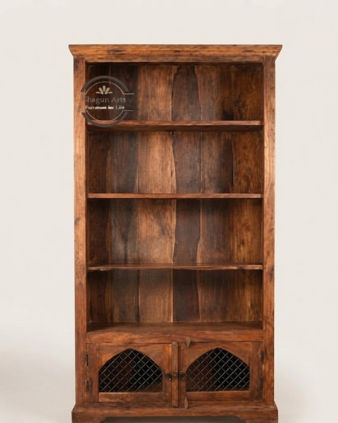 Oriel Solid Sheesham Wood Bookshelf with 2 Storage Cabinets In Natural Brown Finish
