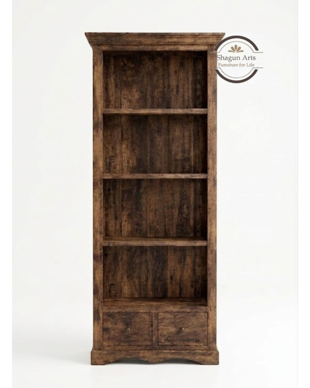 Emerson Solid Wood Bookshelf with 4 Open Shelves and 2 Bottom Drawers In Provencial Teak Finish