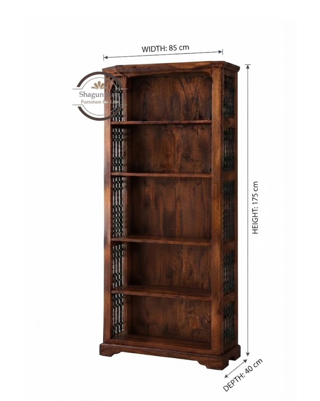 Alvin Solid Sheesham 5-Shelf Bookshelf with Decorative Side Panels In Honey Oak Finish
